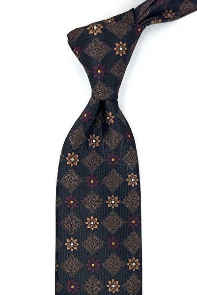 Kravatkolik Brown Motif Pattern Classic Tie with Handkerchief Kk13942