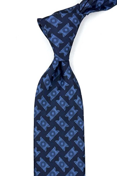 Kravatkolik Navy Blue Motif Pattern Classic Tie with Handkerchief Kk13933