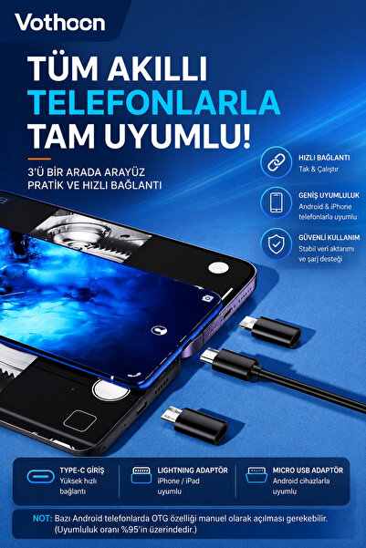 Vothoon 10 Metre Çift Kameralı iOS/Android Uyumlu Yılan Endoskop Kamera 8mm 2MP LED'li Sert Kablo
