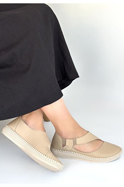 ALFA AKSESUAR 03 Cower Beige Genuine Leather Ballerina Shoes