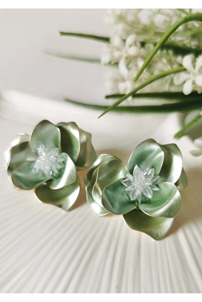 Halley Concept Green Crystal Stone Detailed Layered Flower Model Steel Earrin...