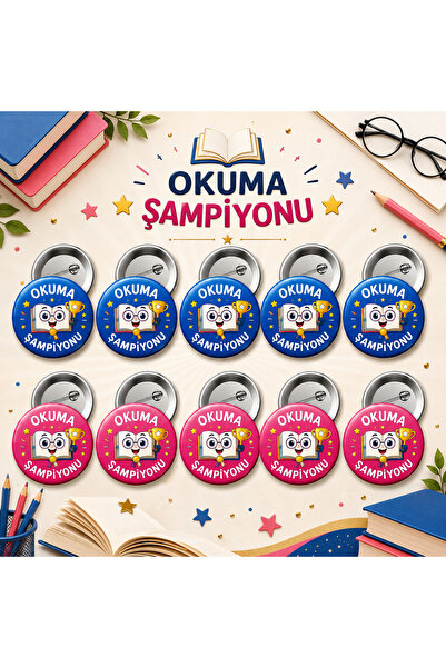 Eymi Design Okuma Şampiyonu 58 mm İğneli Rozet 10 Adet - Öğrenci Başarı ve Mo...