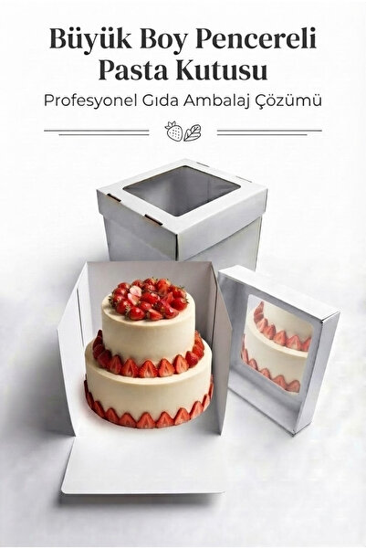 CREAPACK Büyük Boy Pencereli Pasta Kutusu, 2 Adet, 35x35x35 cm, Kalın Yaş Pas...
