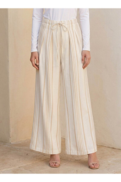 Iconic STRIPED BEAD AT WAIST DETAILED WIDELEG PANTS