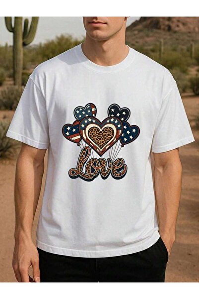 LİNA06 Casualslim American Retro LOVE Print Men's Short-Sleeve-Shirt, A Popul...