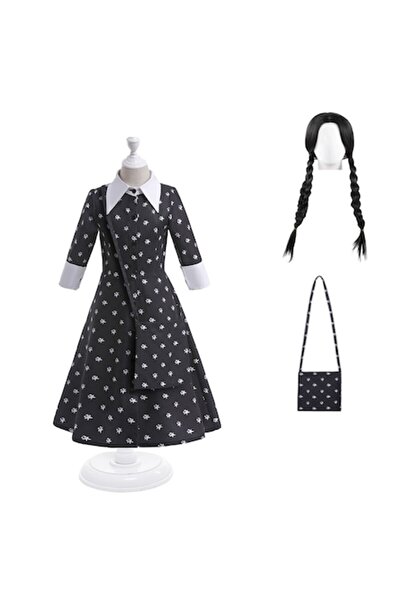 OEM Costum rochie Wednesday Addams Family pentru fete, perucă și geantă, negr...