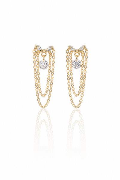 BNG GÜMÜŞ Tektaş Çift Zincir Sarkıtlı Gold Küpe – 925 Ayar Gümüş