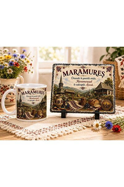hiperborea Set Cadou Maramureș – Cană Ceramică și Ardezie Naturală Personalizată