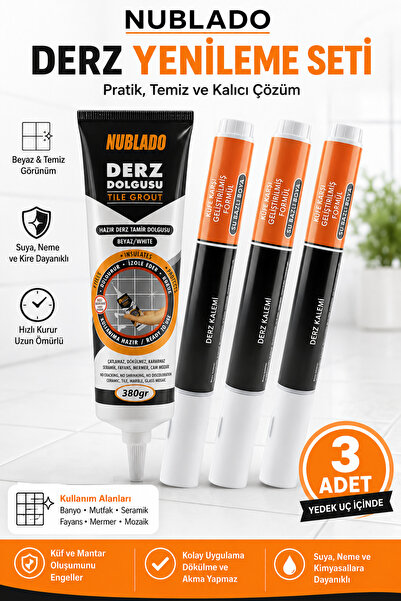 NUBLADO Derz Yenileme Seti 380 gr Beyaz Derz Dolgusu + 3’lü Derz Kalemi