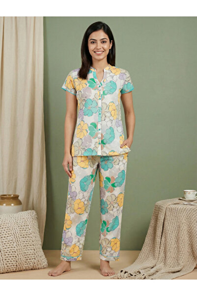 Mish By Styli Multi Coloured Floral Print Nightwear Shirt With Matching Pants