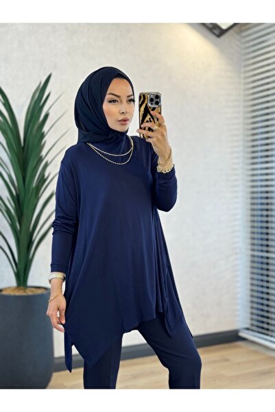 ALANURMODA 24278 Combed Cotton Tunic with Side Slits, Navy Blue