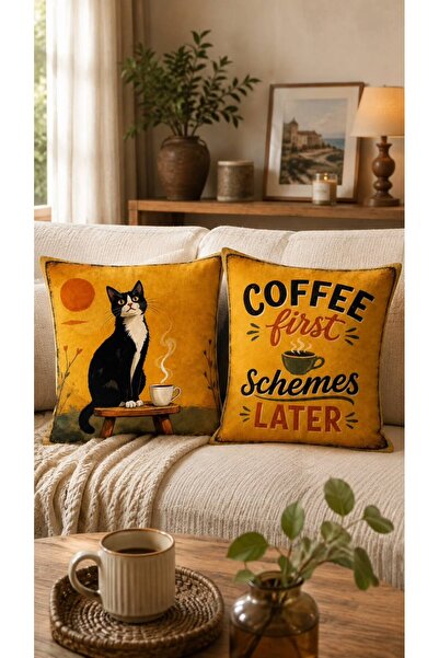 Sakallı 2’li Coffee First & Kedili Vintage Desenli Dijital Baskılı Dekoratif ...