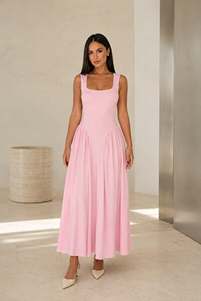 1434 Polo State Women's Pink Square Neck Low Waist Gathered Long Dress