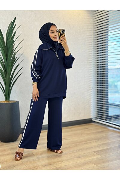ALANURMODA 3405 Bead Embroidered Wide Collar Suit Navy Blue