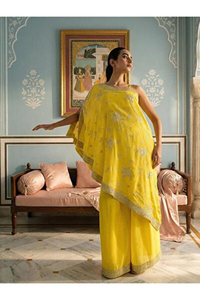 Ishin By Styli Rich Chinon Embroidered One Shoulder Tunic and Sharara Co-Ords