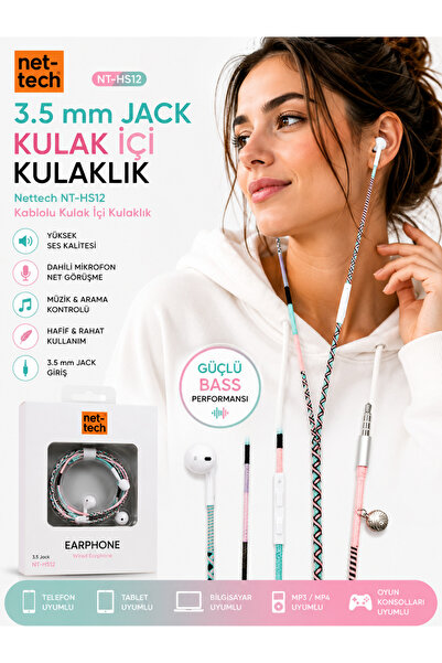 Nettech NT-HS12 3.5 mm Jack Kulak İçi Kulaklık Mikrofonlu Kablolu Stereo Kula...