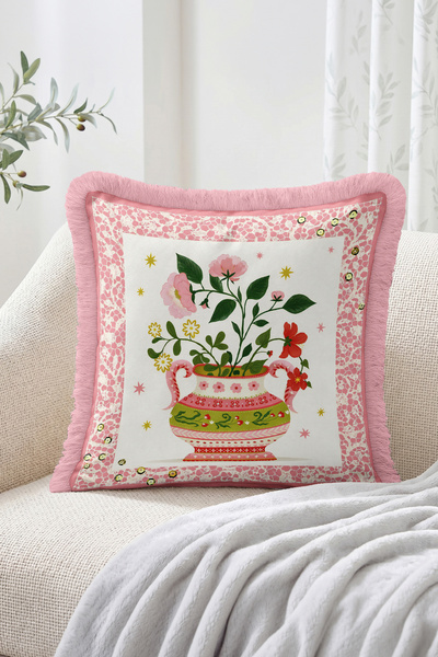 Realhomes Floral Bouquet with Vase and Cat Figurine 4-Piece Fringe-Tassel Throw Pillow Cover Set Patchwork Retro Decorative Pillowcase