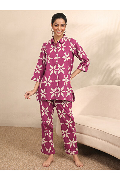 Libas By Styli Burgundy Floral Print Shirt and Pants Set