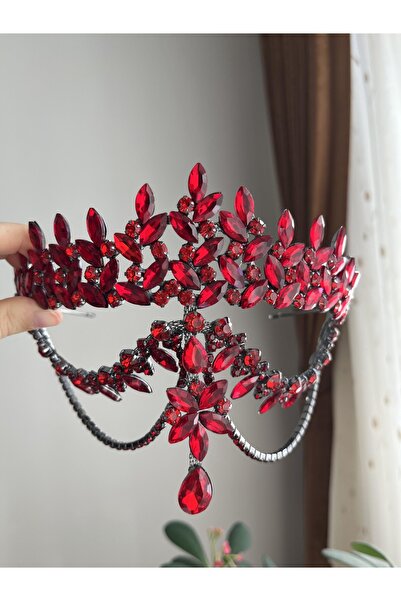 DİBA AVM Red Stone Bridal Crown with Forepiece Red Crown with Forepiece Binda...