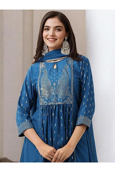 Ishin By Styli 3-Piece Foil Printed Anarkali Kurta Set with Dupatta