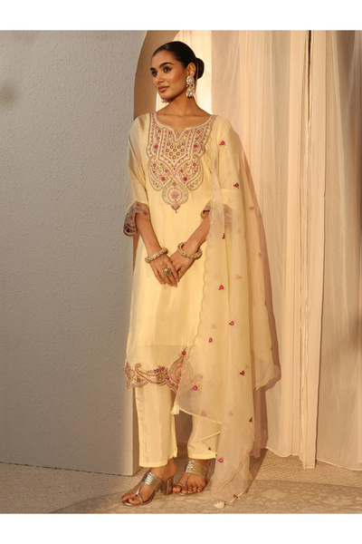Libas By Styli Cream Embroidered Silk Blend Straight Kurta with Trouser and D...