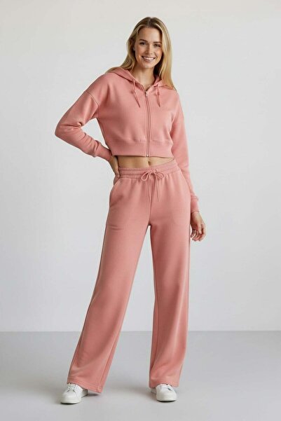 Piyera Women's Dusty Rose Two-Thread Relaxed Fit Hooded Zipper Crop Wide-Leg ...