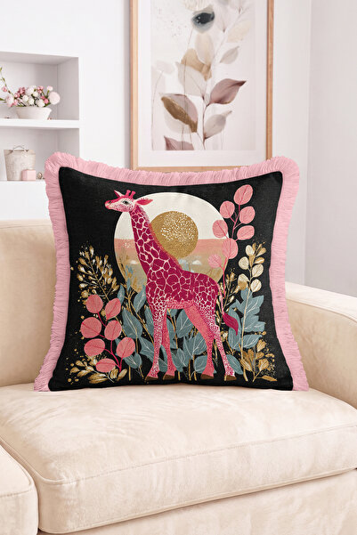Realhomes Giraffe Figured Leaf and Sun Patterned Fringed Throw Pillow Cover -...