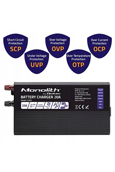 Qoltec Încărcător inteligent de baterii 20A 24V pentru baterii LiFePO4, AGM, ...