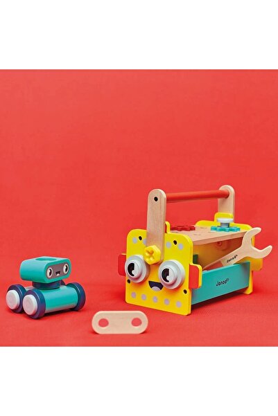 Janod Cutie de lemn cu unelte pentru copii, micul mecanic robot