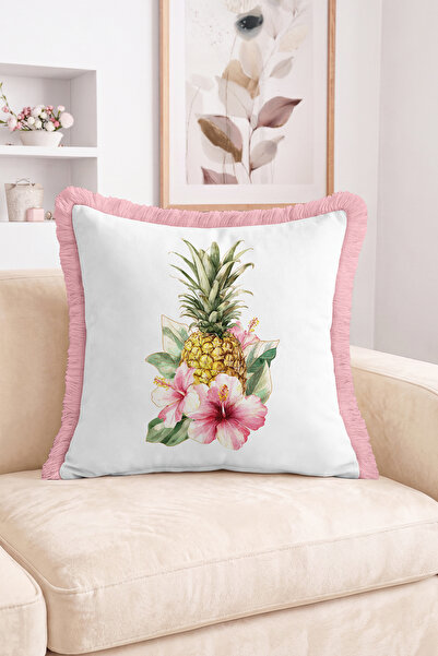 Realhomes Pineapple and Pink Hibiscus Flowers Watercolor Botanical Pattern Fr...