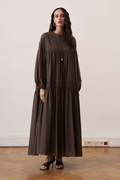Moca Soho Ribbed Detailed Voile Dress Coffee