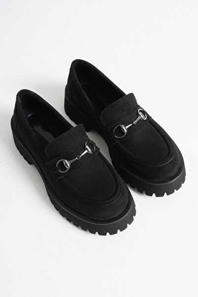 Kadın Siyah Süet 4cm Kalın Topuklu Toka Detaylı Loafer Ayakkabı