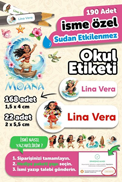 MSticker 190 Adet Kişiye Özel Okul Etiketi İsim Yazılabilen Kalem Defter Sulu...