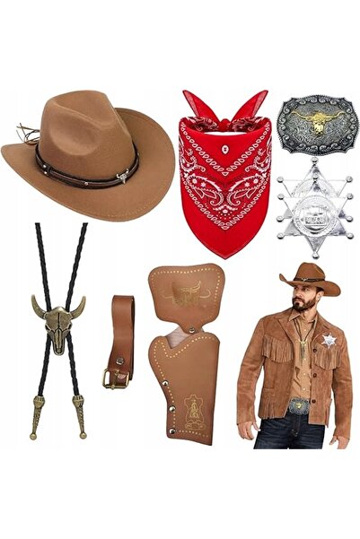 NO BRAND SET DE COWBOY CU 8 ELEMENTE PENTRU ADULȚI: PĂLĂRIE, BANDANĂ, PUEBLOSZ