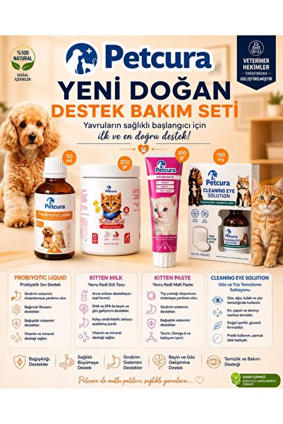PETCURA Yeni Doğan Yavru Kedi Destek ve Bakım Seti 4'lü (Süt Tozu + Probiyoti...