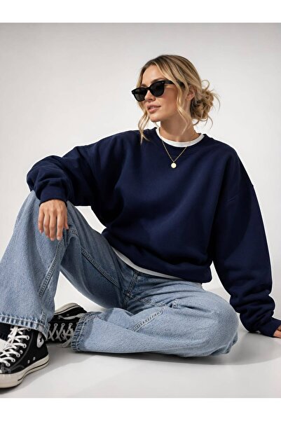 Hira Online Women's Three-Thread Ribbed Cotton Oversize Sweatshirt