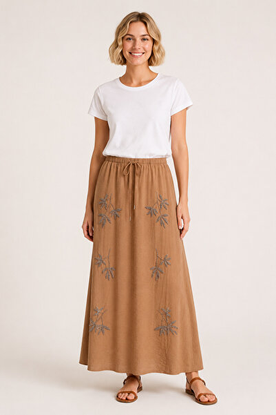 bihan store Women's Embroidered Waist Tie Maxi Skirt 39048-Brown