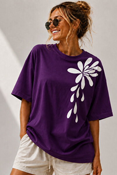 ArtYus Minimal Floral Printed Crew Neck Casual Unisex Oversize T-Shirt - Flor...