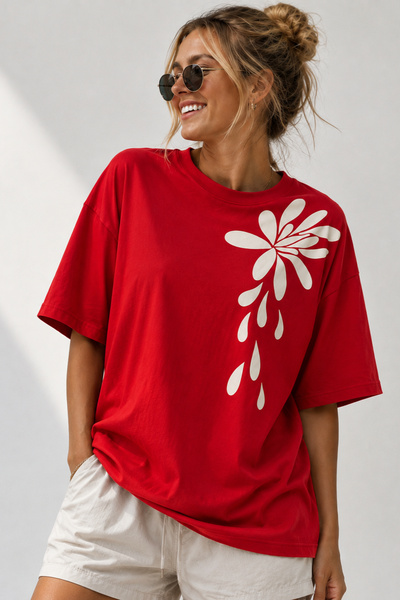 ArtYus Minimal Floral Printed Crew Neck Casual Unisex Oversize T-Shirt - Flor...
