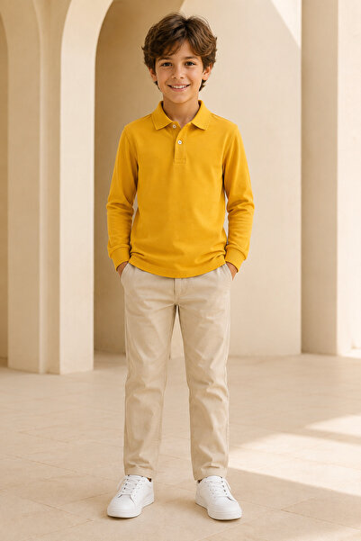 Loule Children's Unisex Mustard Long Sleeve Polo Collar T-Shirt 100% Cotton L...