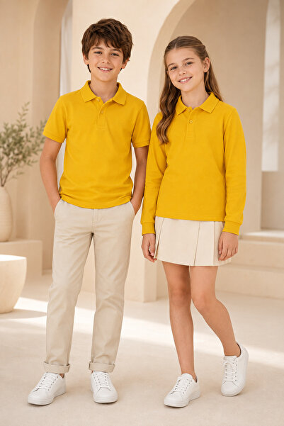 Loule Dječji unisex set od 2 komada majica sa polo ovratnikom u senf boji, kr...