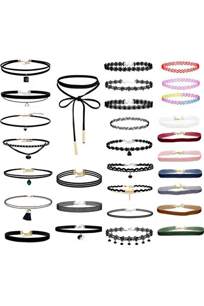 VeeShop Set 30 coliere choker multicolor, catifea, triunghi, dantela, tattoo ...