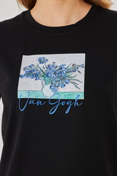 Camenta Women's Black 100% Cotton Van Gogh Printed T-Shirt