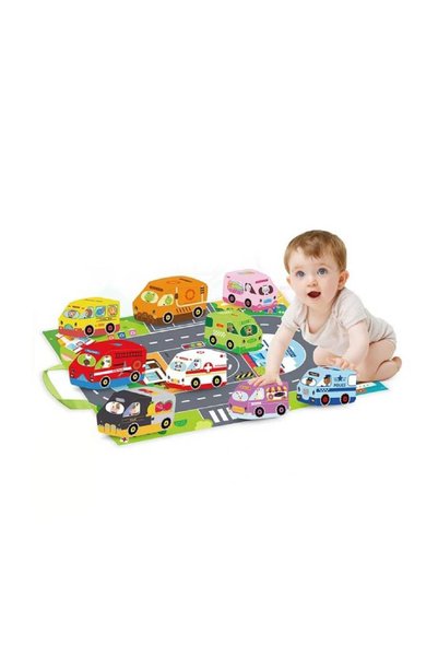 OEM Set de 3 mașinuțe textile pentru bebeluși cu covoraș de joacă 46 × 27 cm