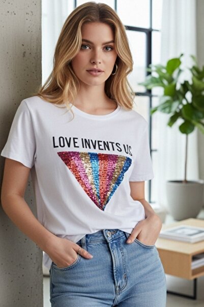 OEM Tricou casual de damă cu imprimeu și paiete decorative, TG-34