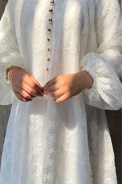 Faya Boutique White Floral Embroidery Detailed Elya Dress