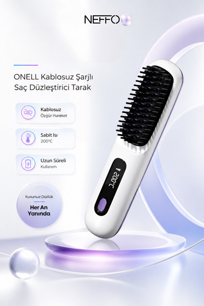NEFFO Kablosuz Şarjlı Saç Düzleştirici Tarak LED Ekranlı Isı Ayarlı Taşınabil...