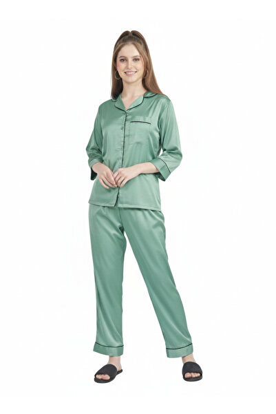RIZQE Mint Mist Satin Nightsuit | Premium Rizqé by Zadine Sage Green Pyjama Set