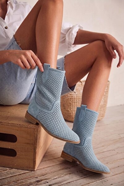 İX Mellow Women's Suede Low Heeled Summer Boots, Perforated Summer Women's Bo...