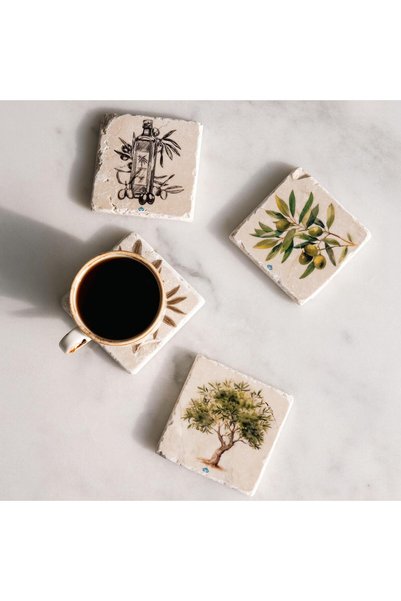Anadolia Travertine Single Coaster with Olive Oil Patterned Wooden Box